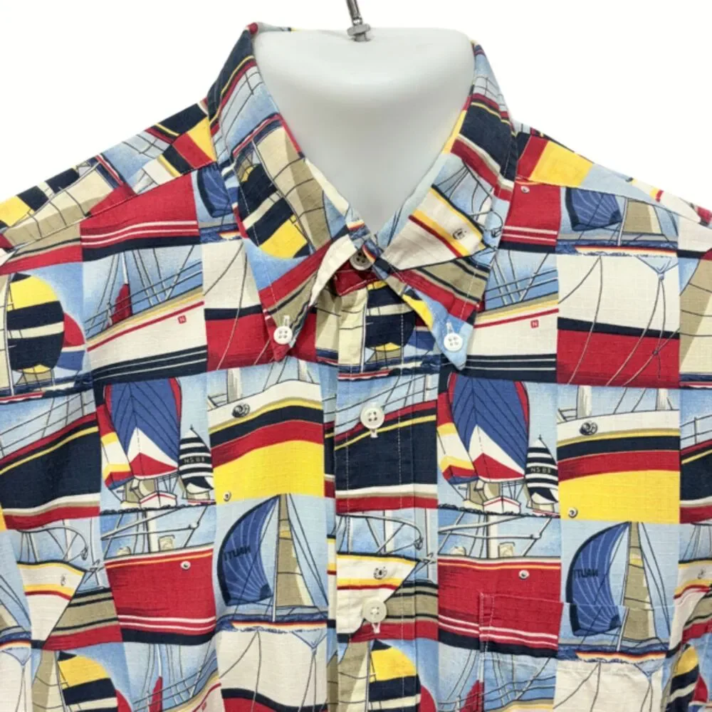 Nautica Sailboat Print Button Down Shirt Men’s M 100% Cotton Nautical 23x32